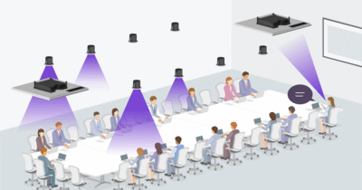 GIF animation demonstrating how a speaker’s voice is clearly delivered to dozens of participants in a large meeting room via ADECIA’s voice lift functionality.