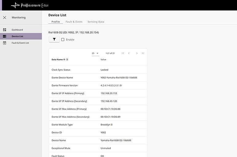 Yamaha ProVisionaire Control PLUS: Local Monitoring Service (ProVisionaire Edge): Device list/Profile